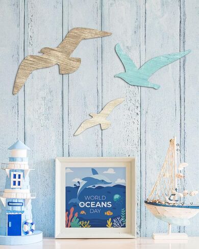 Putuo Decor 3pcs Wood Seagull Wall Decor Wooden Beach Wall Decor Coastal Theme Wall Art Seagull Wall Sculpture Sea Birds Lake House Ocean Decor Vintage Ornaments For Home Bathroom in Saudi Arabia