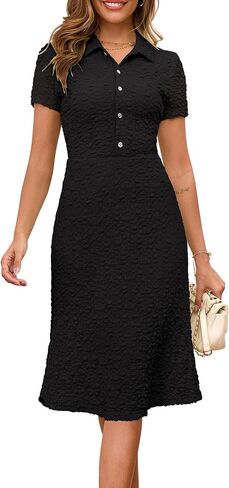 Annebouti Womens 2025 Spring Summer Short Sleeve Elegant Lace Button Down Semi-Formal Work Business Casual Midi Dress in Saudi Arabia