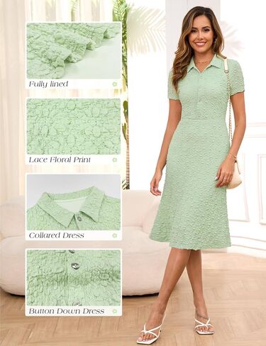 Annebouti Womens 2025 Spring Summer Short Sleeve Elegant Lace Button Down Semi-Formal Work Business Casual Midi Dress in Saudi Arabia