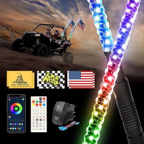 2PCS 3FT Whip Lights for UTV/ATV/RZR/Jeep with Spring Base, Rocker Switch & 6 Flags, Spiral RGB LED Light Whips Side by Side, Lighted Antenna Whips for SXS, Can-Am, Truck, Dune Buggy, Polaris in Kuwait