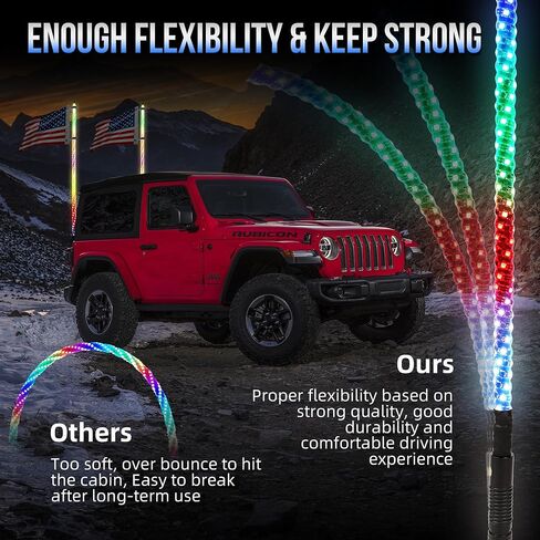 2PCS 3FT Whip Lights for UTV/ATV/RZR/Jeep with Spring Base, Rocker Switch & 6 Flags, Spiral RGB LED Light Whips Side by Side, Lighted Antenna Whips for SXS, Can-Am, Truck, Dune Buggy, Polaris in Kuwait