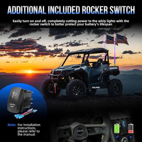 2PCS 3FT Whip Lights for UTV/ATV/RZR/Jeep with Spring Base, Rocker Switch & 6 Flags, Spiral RGB LED Light Whips Side by Side, Lighted Antenna Whips for SXS, Can-Am, Truck, Dune Buggy, Polaris in Kuwait