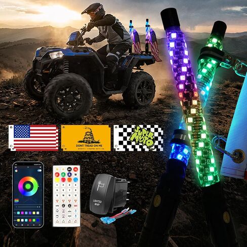 2PCS 3FT Whip Lights for UTV/ATV/RZR/Jeep with Spring Base, Rocker Switch & 6 Flags, Spiral RGB LED Light Whips Side by Side, Lighted Antenna Whips for SXS, Can-Am, Truck, Dune Buggy, Polaris in Saudi Arabia