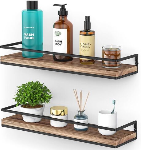 Meangood Floating Shelves Wall Mounted Set of 2, Rustic Wood Wall Storage Shelves for Bedroom,Living Room,Bathroom, Kitchen Torched Wood in Saudi Arabia