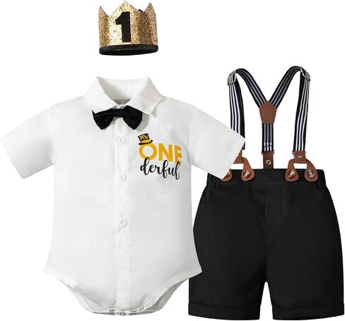 bakjuno 1st Birthday Outfit Boy Mr Onederful First Birthday Bowtie Romper + Suspender Shorts+ Party Hat Cake Smash Outfits in Kuwait