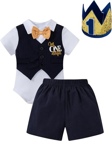 bakjuno 1st Birthday Outfit Boy Mr Onederful First Birthday Bowtie Romper + Suspender Shorts+ Party Hat Cake Smash Outfits in Kuwait