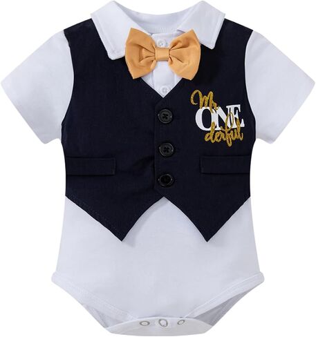 bakjuno 1st Birthday Outfit Boy Mr Onederful First Birthday Bowtie Romper + Suspender Shorts+ Party Hat Cake Smash Outfits in Kuwait