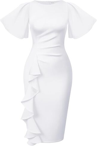 Memoriesea Women's Basic Vintage Ruffle Sleeve Ruched Bodycon Work Midi Pencil Dress in Kuwait