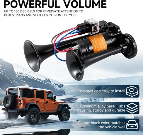 Electric Air Horn for Truck 150dB Super Loud Black Horns Dual Trumpet with Compressor for Any 12V Vehicles Trucks Motorcycle Pickup Trains Cars Boats (Black integrated Air Horn) in Saudi Arabia
