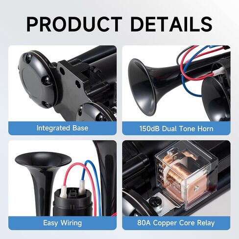 Electric Air Horn for Truck 150dB Super Loud Black Horns Dual Trumpet with Compressor for Any 12V Vehicles Trucks Motorcycle Pickup Trains Cars Boats (Black integrated Air Horn) in Saudi Arabia