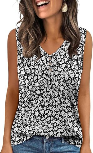 KISSMODA Tank Tops for Women Summer Casual Sleeveless Shirts Dressy Trendy V Neck Tunics Loose Notched Blouses S-3XL in Kuwait