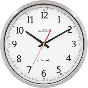 La Crosse Technology 404-1235UA-PL UltrAtomic 14 inch Stainless Steel Wall Clock, Shatterproof Lens, Silver
