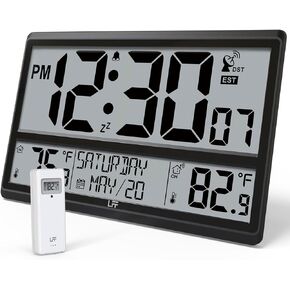 LFF Atomic Clock 4.5" Numbers, Atomic Wall Clock Never Needs Setting, Indoor Outdoor Temperature with Wireless Outdoor Sensor, Battery Powered, Clock for Office, Kitchen, Living Room, Bedroom