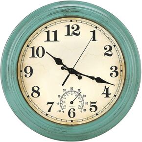 12 Inch Indoor/Outdoor Retro Waterproof Wall Clock with Thermometer,Vintage Battery Operated Silent Non Ticking Quartz Clock Wall Decorative for Kitchen/Bedroom/Living Room/Bathroom/Patio-Olive green