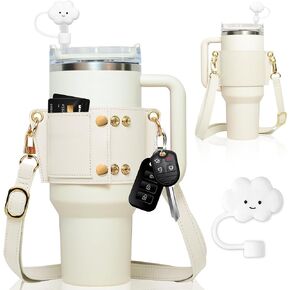 Water Bottle Holder - Carrier Strap for Stanley 40 oz & 30 oz Tumbler with Handle, for Stanley Cup Accessories, Adjustable Strap, Credit Card Holder, Keyring, Straw Cover (Cream)