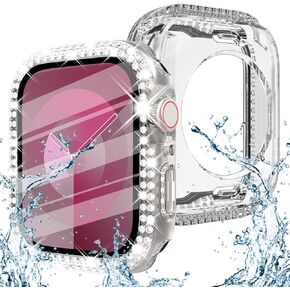Surace 2 in 1 Waterproof Bling Case Compatible with Apple Watch Series 9 Series 8 Series 7 45mm Screen Protector Case, 400 Crystal Diamond Front & Back Full Protective Bumper Cover, 45mm, Clear