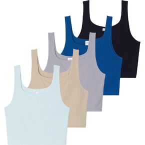 5 Pack: Women's Ribbed Square Neck Croppped Tank Top - Sleeveless Yoga Crop Tops (Available in Plus Size)