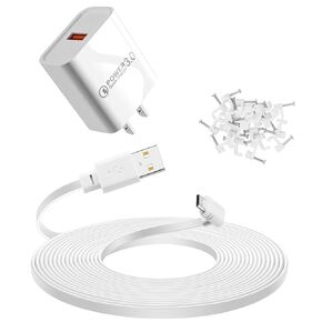 كابل تمديد USB بطول 30 قدم مع محول طاقة لكاميرا WYZE Cam Pan V3 الخارجية، سلك شحن Micro USB 90 درجة، أبيض