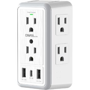 USB Wall Charger Surge Protector, Super Electro 6 Outlet Extender with 3 USB Charging Ports (5V 3.4A Total) and Night Light, 3-Sided 1600J Power Strip Multi Plug Adapter for Home, Office, ETL Listed