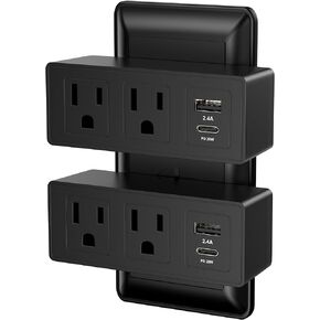 2 Pack Multi Plug Wall Outlet Extender,Black Power Strip Outlet,No Wire Outlet with 2 USB Ports (1 USB C) USB Wall Charger Multiple Outlet Plug in Expander for Home, Dorm, Office & Travel