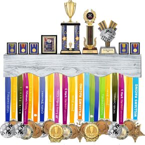 LAVIEVERT Medal Hanger Display with LED Lights, Wall-Mounted Trophy Shelf, Wooden Medal Holder Rack for Gymnastics, Soccer, Basketball, Baseball, Running Race Honors