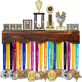 LAVIEVERT Medal Hanger Display with LED Lights, Wall-Mounted Trophy Shelf, Wooden Medal Holder Rack for Gymnastics, Soccer, Basketball, Baseball, Running Race Honors