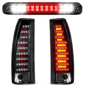 مجموعة مصابيح الذيل + ضوء الفرامل الثالث لـ 88-99 Chevy GMC C/K 1500 2500 3500، 94-98 Chevy Silverado، 92-94 Chevy Blazer، المصابيح الخلفية وضوء إيقاف التثبيت العالي، 3 قطع، عدسات دخان
