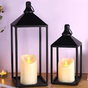 2pcs Vintage Farmhouse Lantern Decor with LED Flickering Flameless Candle - Black Lanterns Decorative for Wedding, Fireplace Mantle or Table Centerpiece - Outdoor Hanging Decorative Lantern