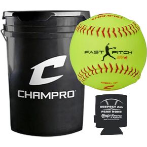 CHAMPRO CSB65 Durahide Cover 12" Practice Softballs in a Black Bucket – 18 Balls and one Rods Can Sleeve Included.