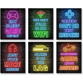 Printed Neon Gaming Posters Set of 6 (8"X 10"), Boys Room Decorations for Bedroom,Video Game Wall Art,Gamer, Teen Boy Bedroom, Game Room, No Frames…
