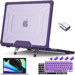 Teryeefi for MacBook Air 13 inch Case M1 A2337/A2179/A1932 (2018 2019 2020 Release), Shockproof Heavy Duty Hard Shell with Fold Kickstand + Keyboard Cover + Screen Protector + USB C Adapter, Pink