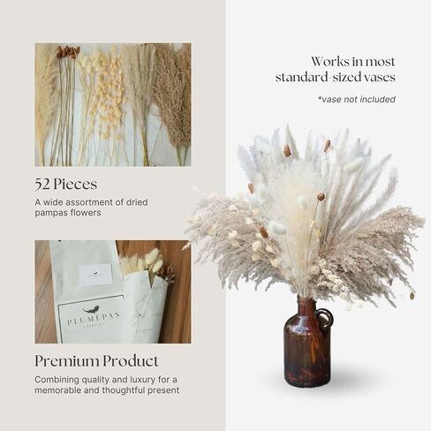 Dried Pampas Grass Decor 52 PCS, White Pampas Grass, Pompas Floral Grass, Bouquet for Wedding Boho Flowers Table Decor, Rustic Farmhouse Decor, Modern Home Decor, Bridal Shower Decor in Saudi Arabia