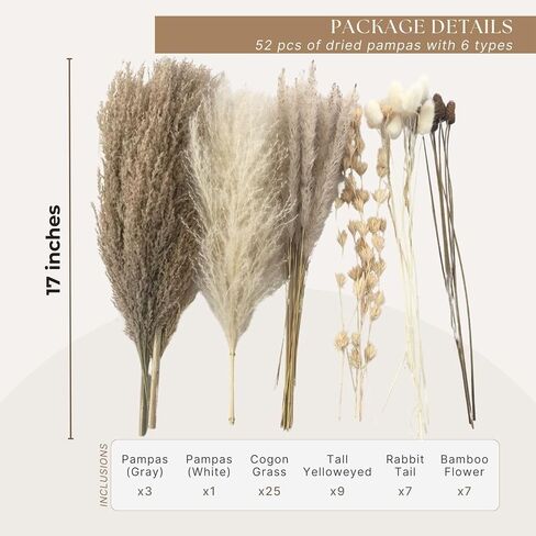 Dried Pampas Grass Decor 52 PCS, White Pampas Grass, Pompas Floral Grass, Bouquet for Wedding Boho Flowers Table Decor, Rustic Farmhouse Decor, Modern Home Decor, Bridal Shower Decor in Saudi Arabia