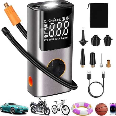 ضاغط هواء محمول منفاخ الإطارات: مضخة هواء كهربائية لاسلكية لإطارات السيارات - مضخة إطار دراجة 150 رطل لكل بوصة مربعة مع مقياس ضغط LCD رقمي للسيارة والدراجات النارية والدراجة والكرات وعوامات حمام السباحة in Kuwait