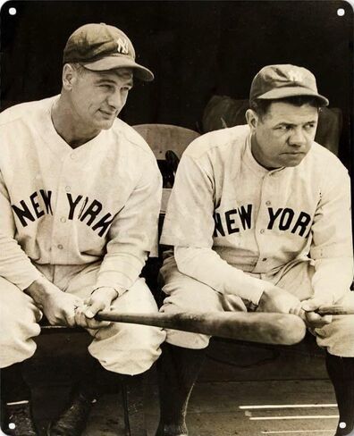 Tin Sign Babe Ruth & Lou Gehrig Yankees Decor متجر بطاقات تاريخ البيسبول 12 بوصة × 8 بوصة in Kuwait