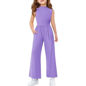 Haloumoning Girls Jumpsuit Kids Fashion Sleeveless CrewNeck Wide Leg Pants Rompers One Piece Summer Outfits with Pockets