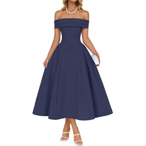 ZESICA Cocktail Dresses for Women's Elegant Off Shoulder Short Sleeve Swing A Line Wedding Evening Party Midi Dress