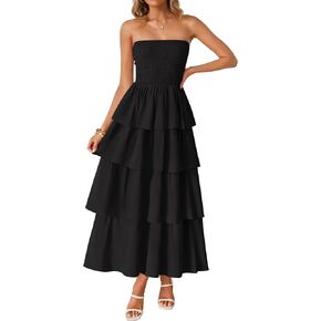 ZESICA Women‘s Summer Boho Strapless Maxi Dress 2025 Casual Sleeveless Off Shoulder Smocked Tiered Beach Long Sundress