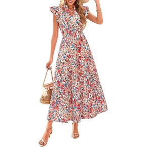 Prettygarden للسيدات 2025 الصيف الأزهار midi cap cap sleeve v الرقبة كشكش طويل تدفق بوهو فساتين الشاطئ غير الرسمية