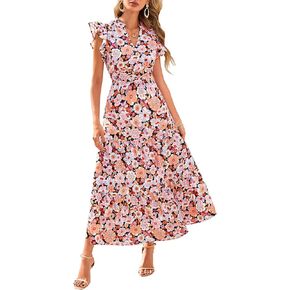 PRETTYGARDEN Women's 2025 Summer Floral Midi Dress Cap Sleeve V Neck Ruffle Long Flowy Boho Casual Beach Vacation Dresses in Saudi Arabia
