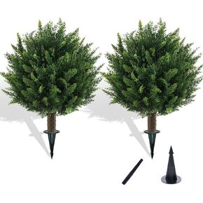 21" Artificial Cypress Topiary Outdoor Plants with Spike, 2 Pack Faux Cedar Bushes UV Resistant Fake Shrubs for Front Porch Décor