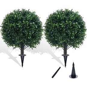 Artificial Boxwood Topiary Ball Bush for Outdoor with Spike，22" UV Resistant Faux Boxwood Ball Tree with Stake for Outside Set of 2, Weatherproof Round Fake Shrubs for Entryway Front Porch