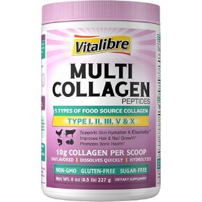 Multi Collagen Peptides Powder Type I II III V X, Hydrolyzed Collagen Protein for Women and Men, Skin, Hair, Nails, Unflavored, Non-GMO, Keto & GF, Zero Sugar, 22 Servings, 8oz