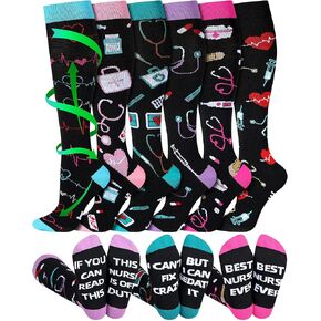 6 Pairs Funny Nurse Compression Socks for Women Medical Support Knee High Socks Circulcation 15-20 Mmhg Fun Novelty Cna Week Physician Assistant Appreciation Gift for Running Work