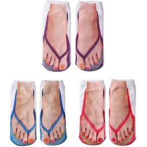 Flip Flop Funny 3D Print Girls Foot Socks - Women's No Show Socks, 3 Pairs (6-10)
