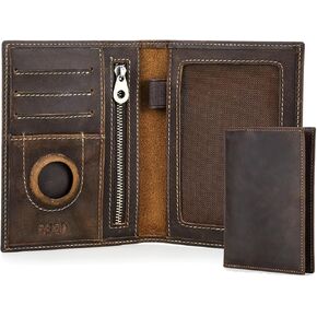 Full Grain Leather Airtag Passport Holder RFID Blocking Travel Passport Wallet Slim Passport Cover Case with 4 Cards Slots, Coin Pocket (Brown)