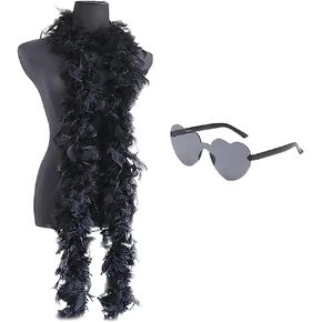 2 Pcs Colorful Feather Boas and Heart Sunglasses Set Turkey Party Feather Boa Fluffy Decorative Boa Halloween Christmas Costume Accessory Black