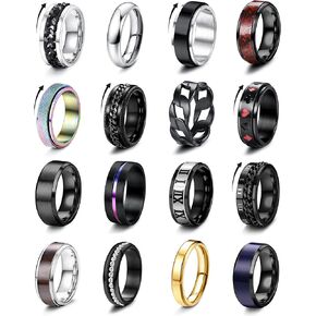 Besteel 16pcs حلقات تململ من الفولاذ المقاوم للصدأ للرجال للنساء الإجهاد الإجهاد حلقات الإغاثة السوداء بارد سلسلة حلقات الدوران