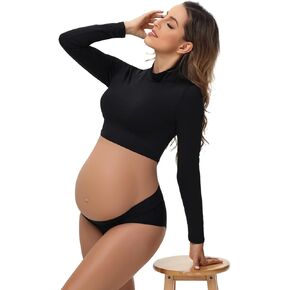 JustVH Women's Maternity Long Sleeves Crop Top Solid Color Turtleneck Shirt for Photoshoot Photography