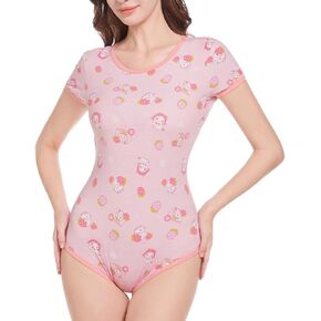 Womens Short Sleeve Onesie Jumpsuit Nightwear Romper Pajamas One Piece Bodysuit Print Cartoon Stawberry Cow